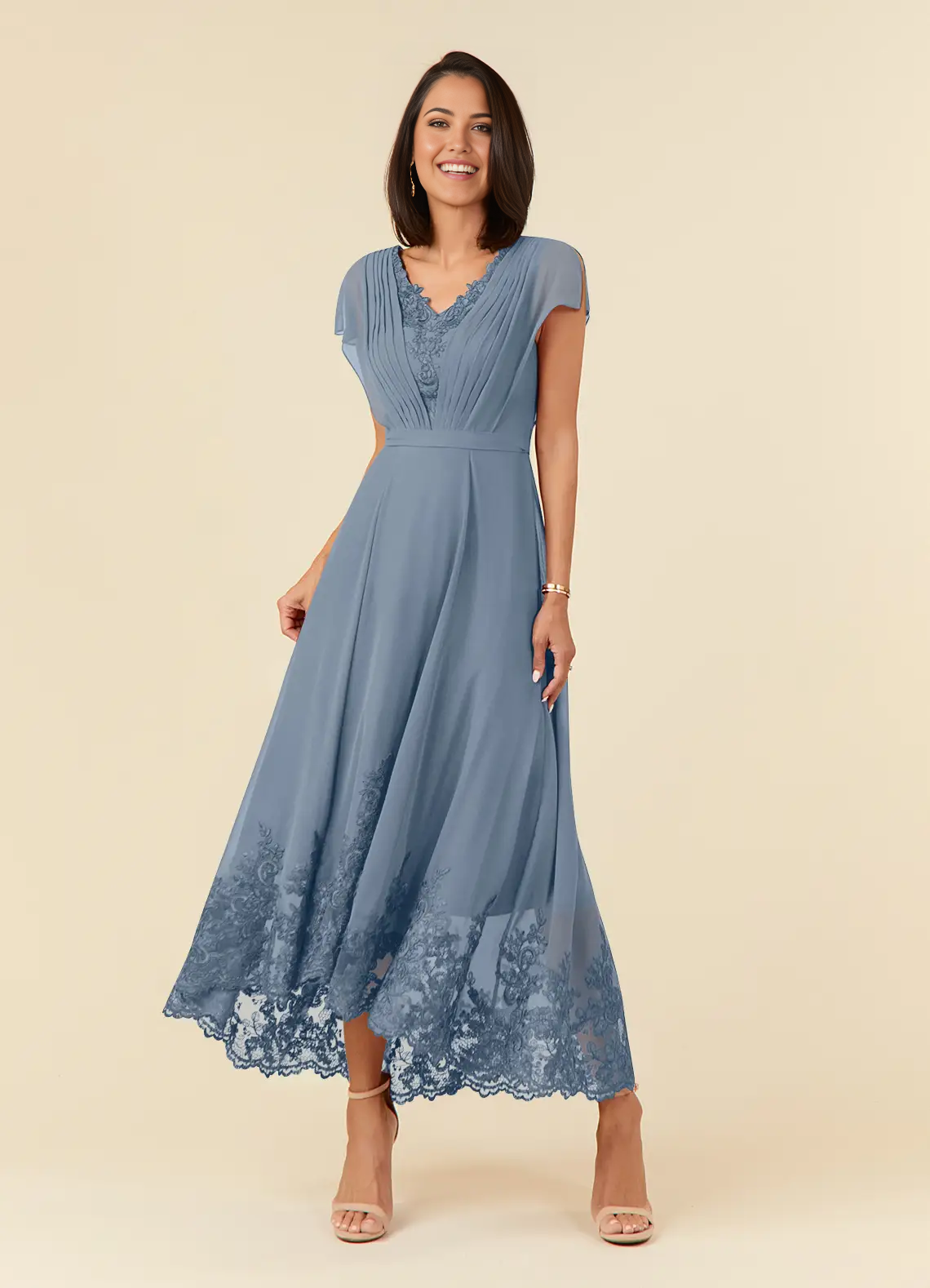 Wholesa A-Line V-Neck Lace Appliques Chiffon Tea Length Dress formal dresses evening dress Mother of the Bride Dresses