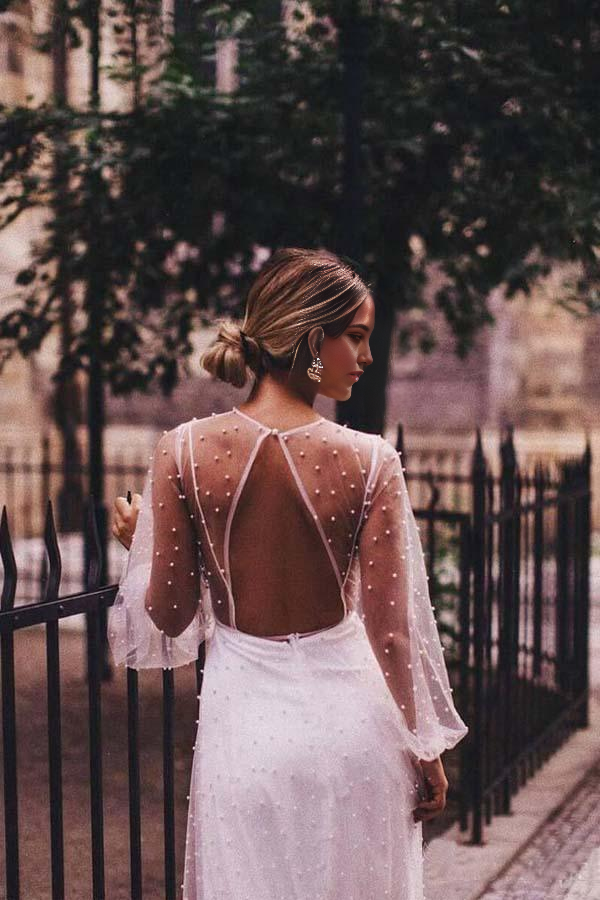 Wholesa A-line See Through Tulle Pearl Long Sleeve Wedding Dresses