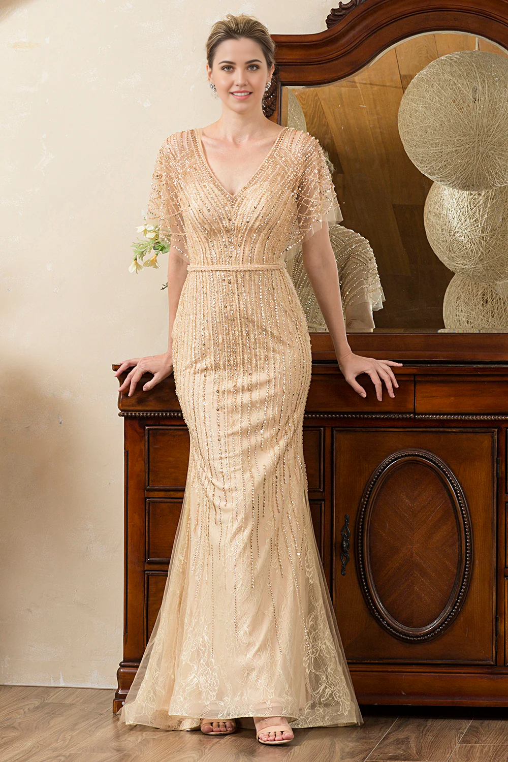 Wholesa Mermaid Beading V-neck Glitter Mother of Bride Dress