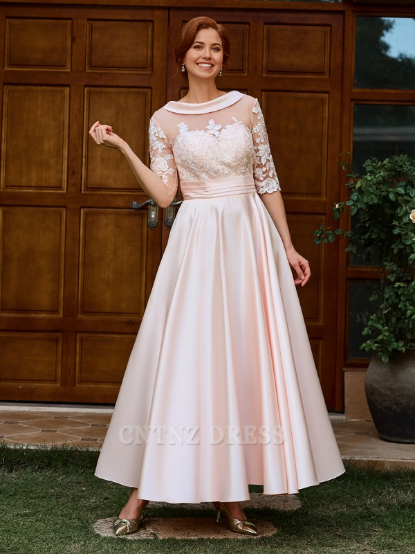 Wholesa A-line Elegant Appliques Lace 1/2 Sleeves Ankle-Length Satin formal dresses evening gown Prom Dress Mother of the Bride Dress