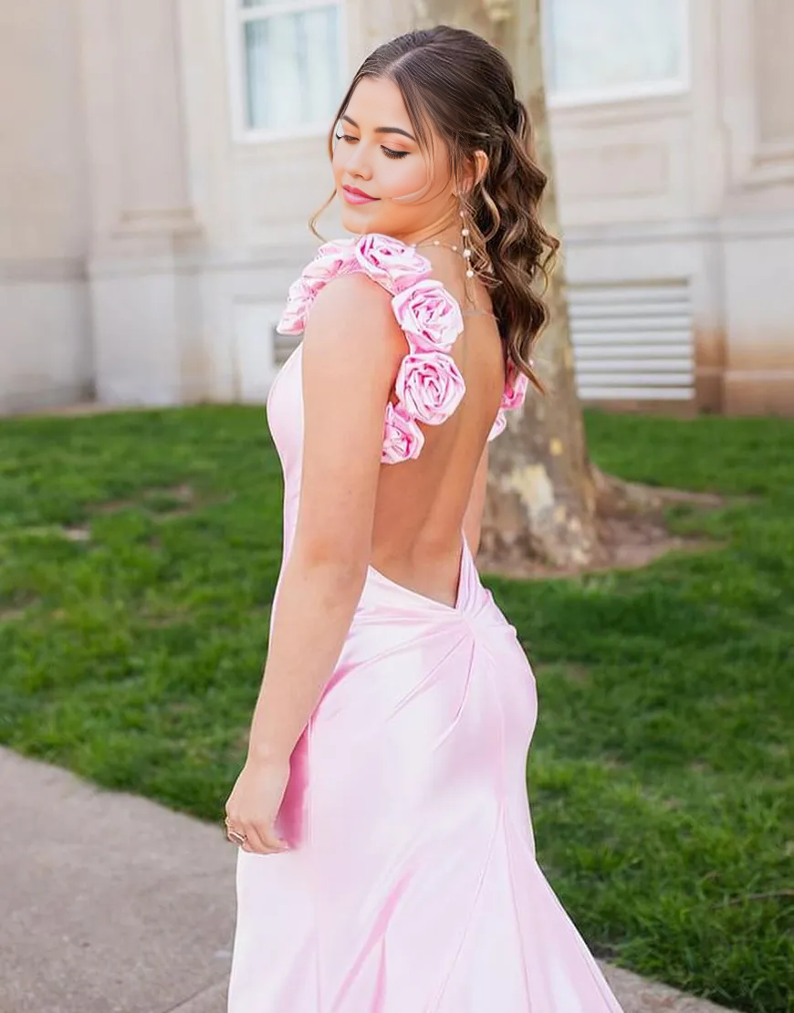 Wholesa Mermaid Flowers Shoulder Straps Satin Pink Long formal dresses evening gown Prom Dress