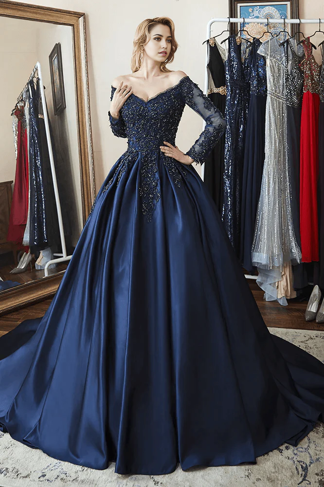 Wholesa A-line Off Shoulder Long Sleeves Beaded Navy Blue Ball Gown Prom Dress