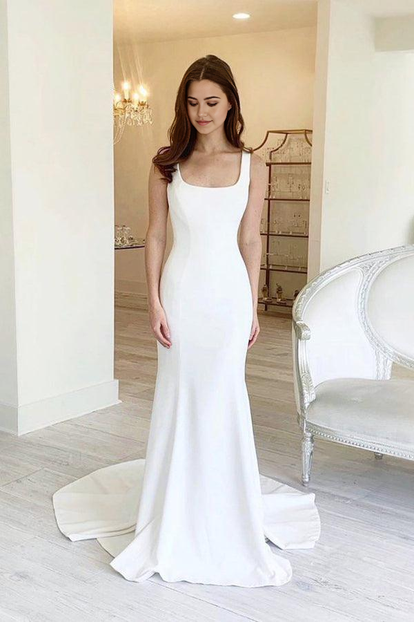 Wholesa Sheath Simple Square Neck Long Backless Wedding Dress