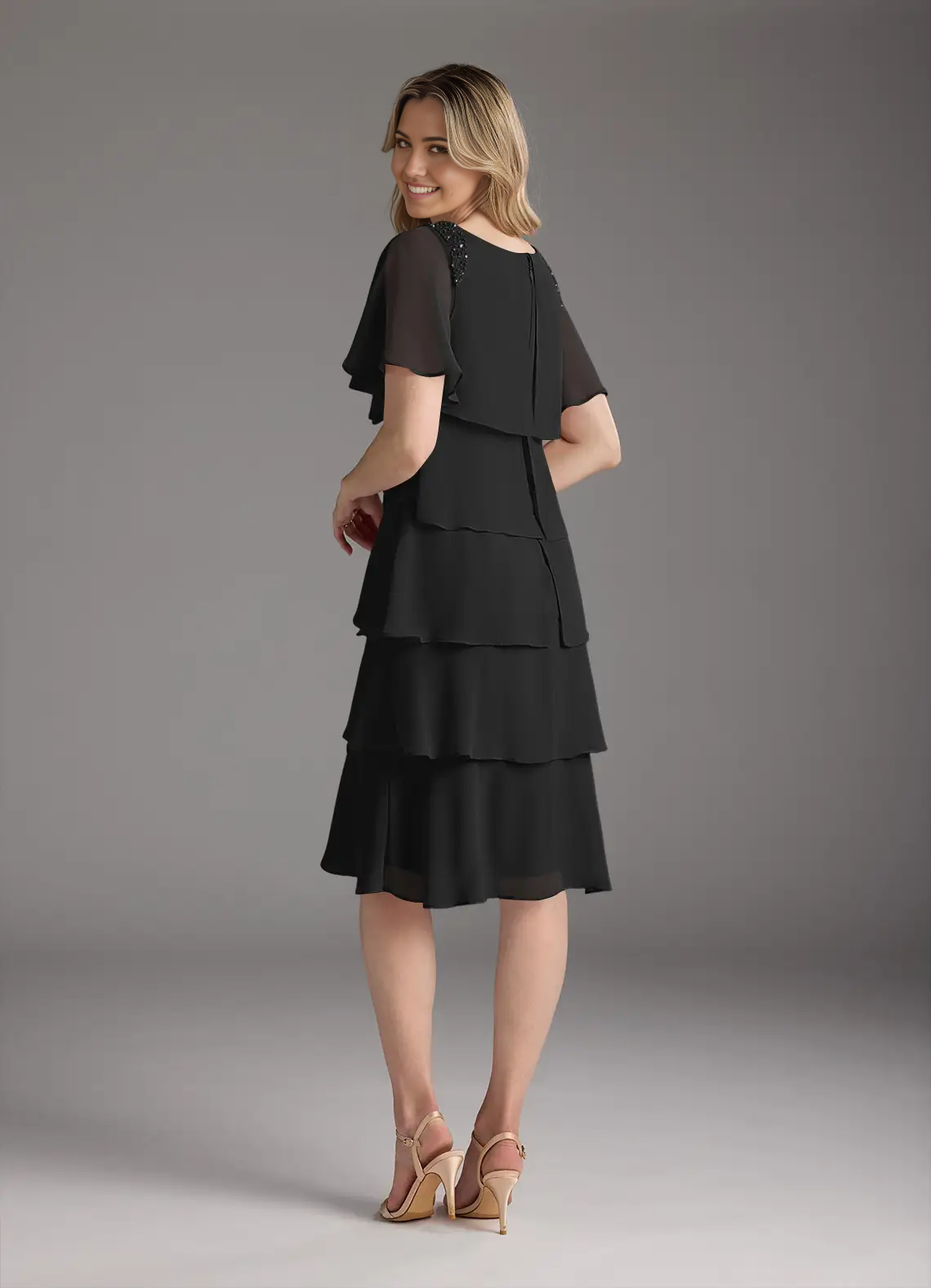 Wholesa A-Line Scoop Beaded Chiffon Black Tea Length formal dresses evening dress Mother of the Bride Dresses