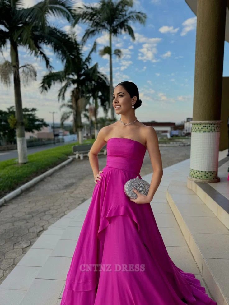 Wholesa A Line Strapless Satin Long Ruffles formal dresses Bridesmaid Dresses evening gown Prom Dress