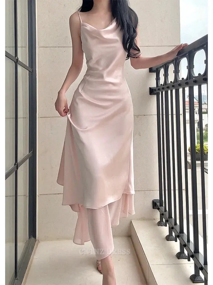 Wholesa A Line Spaghetti Straps Silk Satin Pink formal dresses Bridesmaid Dresses evening gown Prom Dress