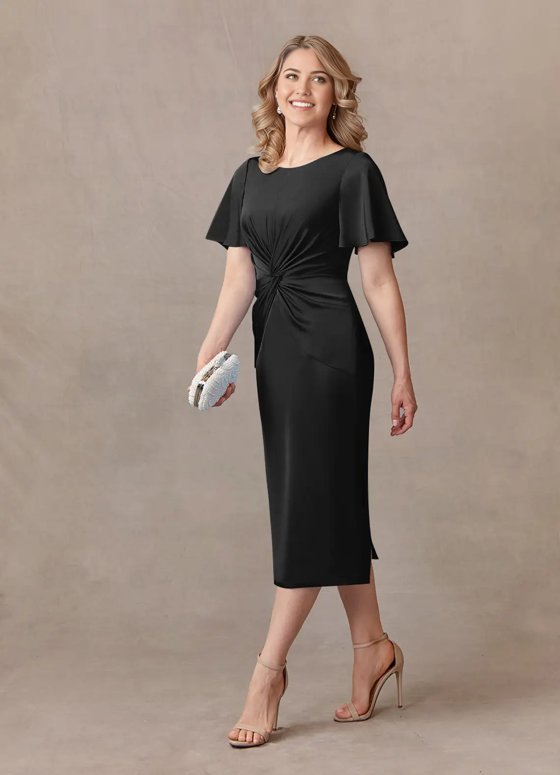 Wholesa Sheath Crew Neck Pleated Tea Length Satin Black formal dresses evening dress Mother of the Bride Dresses