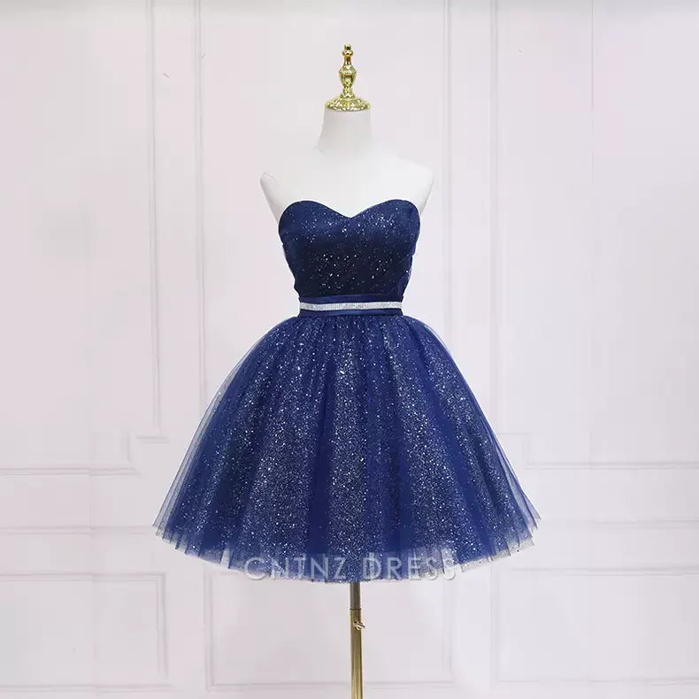 Wholesa A-line Sleeveless Shiny Cute Blue Short Homecoming Dress formal dresses Bridesmaid Dresses evening gown Prom Dress