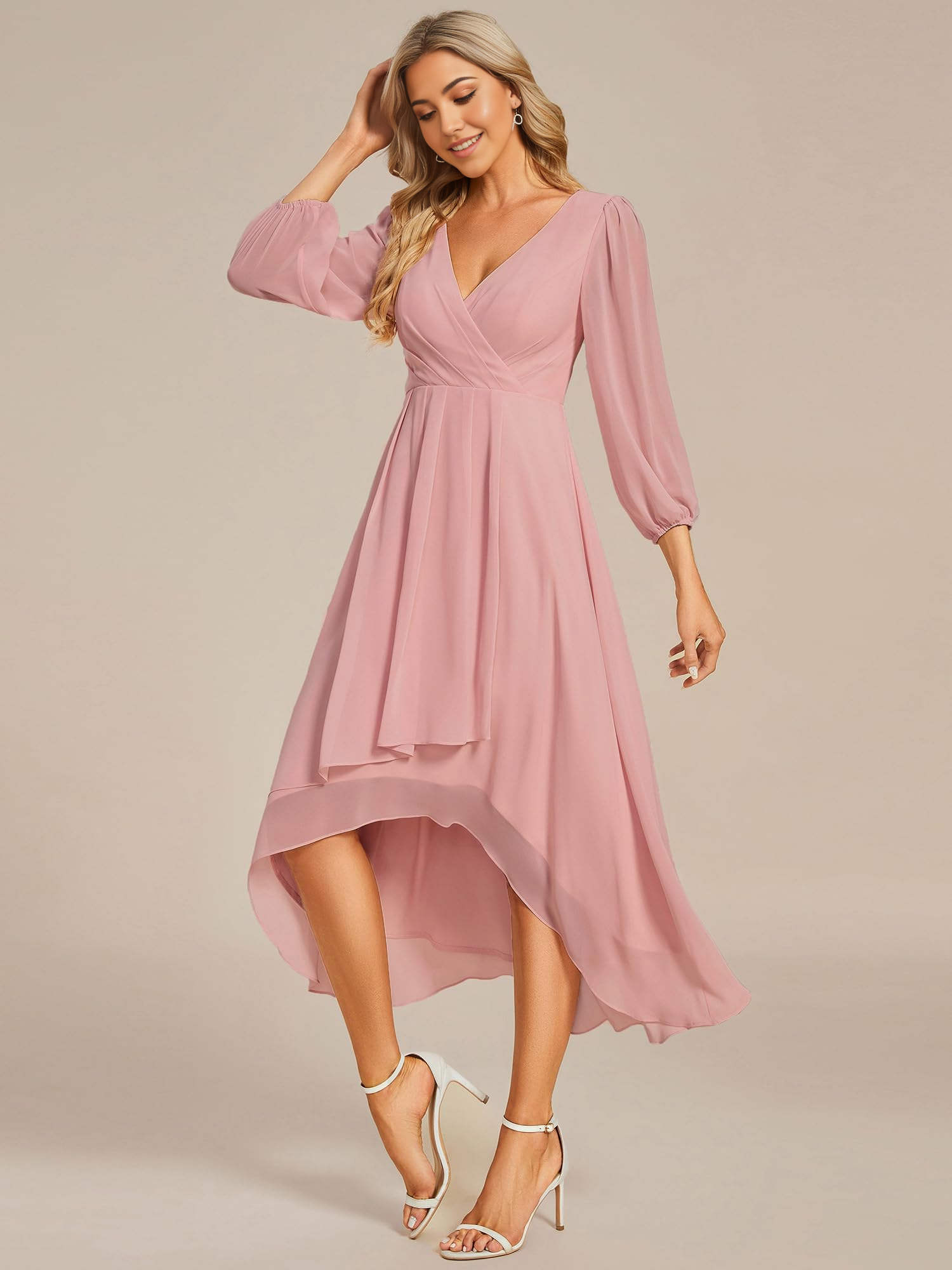 Wholesa A-Line V Neck Chiffon Pleated Long Sleeves Midi Length formal dresses Bridesmaid Dresses evening gown Prom Dress