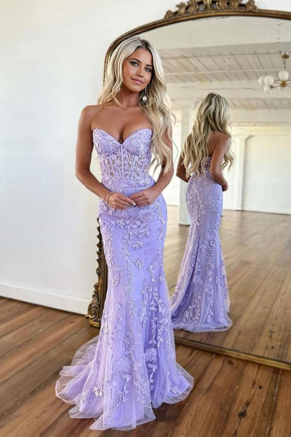 Wholesa Mermaid Neck Sweetheart Lace Purple Long Prom Dress Formal Dress