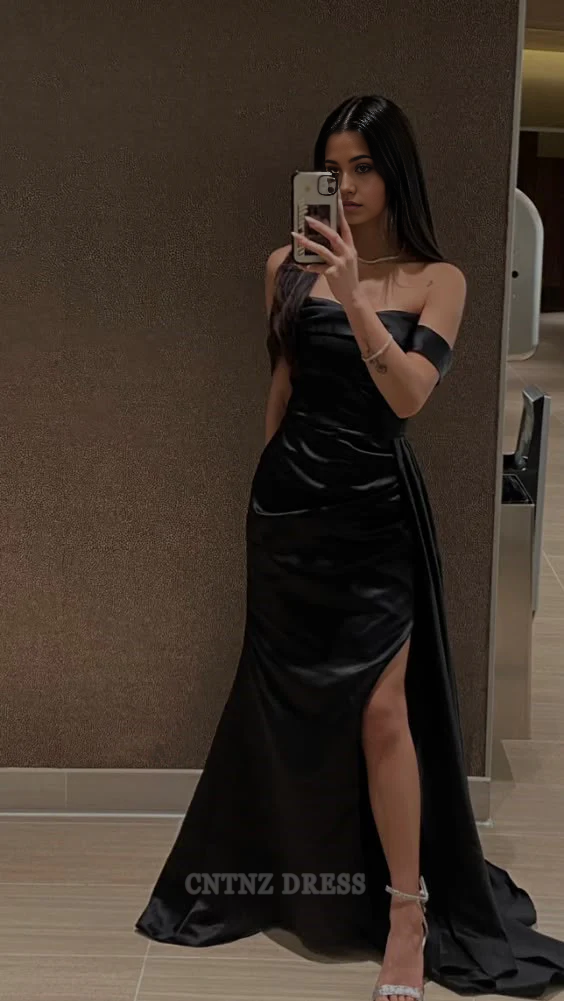Wholesa Sheath Off The Shoulder Slit Black Satin formal dresses Bridesmaid Dresses evening gown Prom Dress