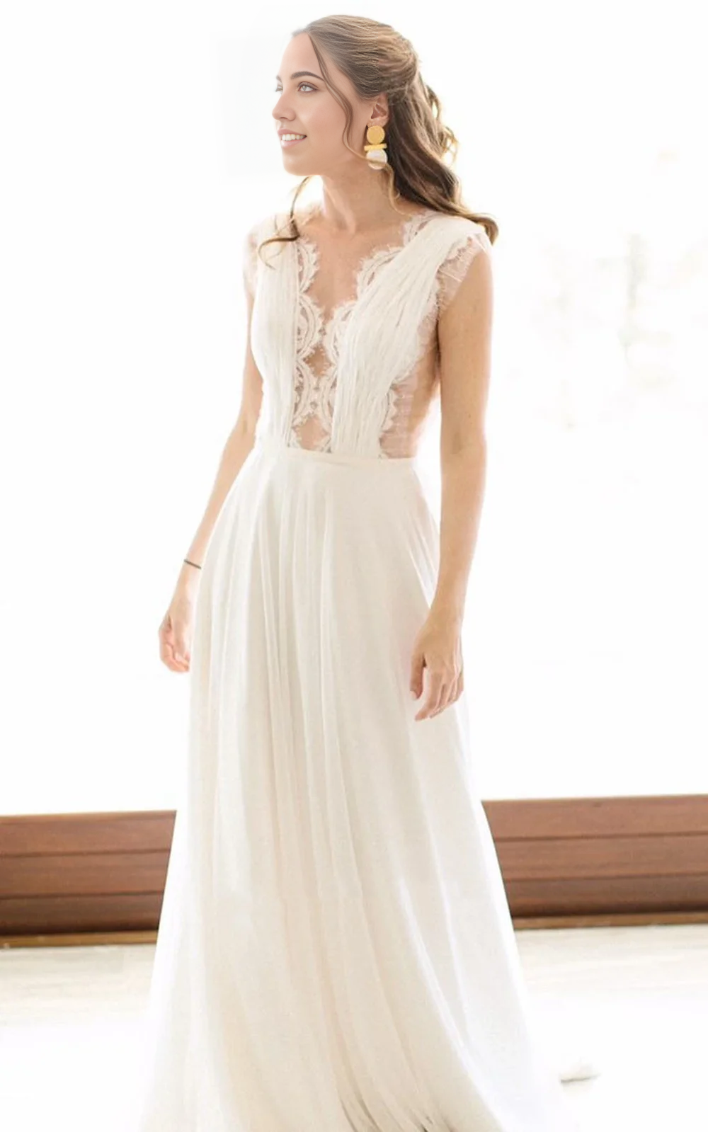 Wholesa A-Line Neckline Chiffon Lace Wedding Dress With Open Back And Pleats
