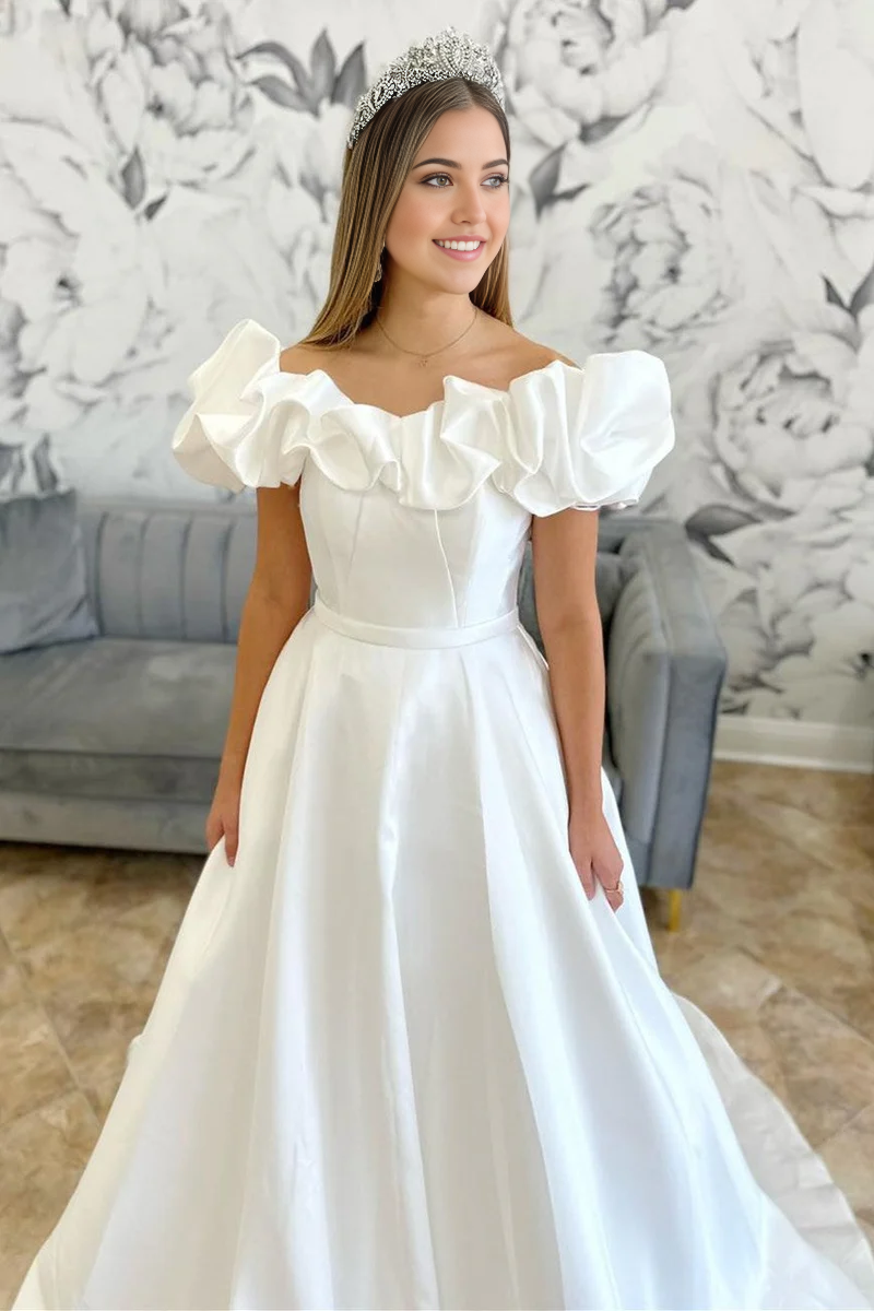Wholesa A-line Off-the-Shoulder Ruffle Long Bridal Gown Wedding Dresses