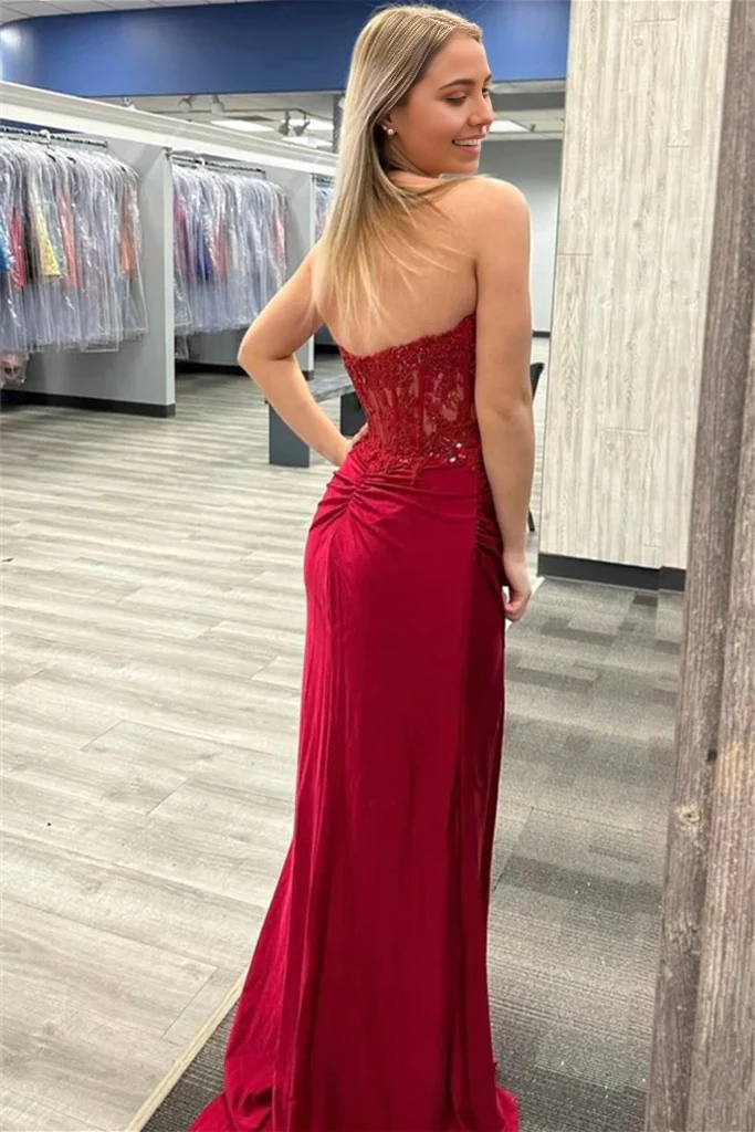 Wholesa Mermaid Strapless Appliques Strapless Prom Dress with Slit