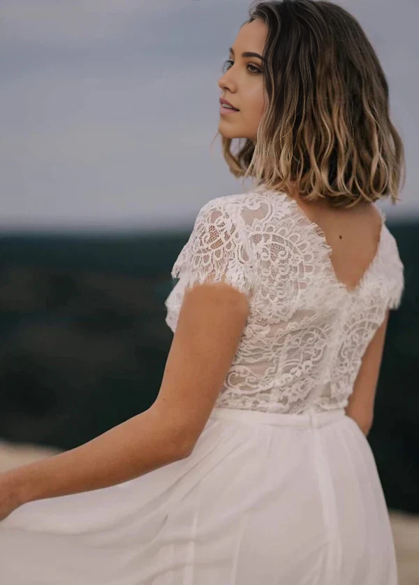 Wholesa Boho A-Line V-Neck Chiffon Through Lace Wedding Dress