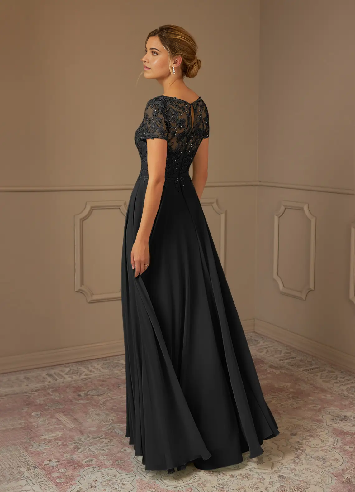 Wholesa A-Line Boatneck Sequins Chiffon Black dresses formal Mother of the Bride Dresses