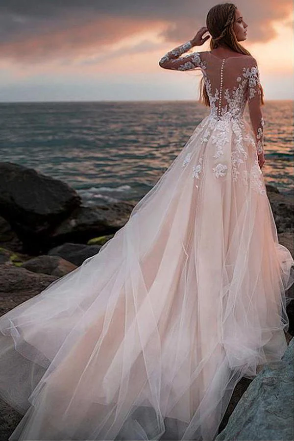 Wholesa A-line Beach Ivory Tulle Wedding Dress with Illusion Lace Long Sleeves