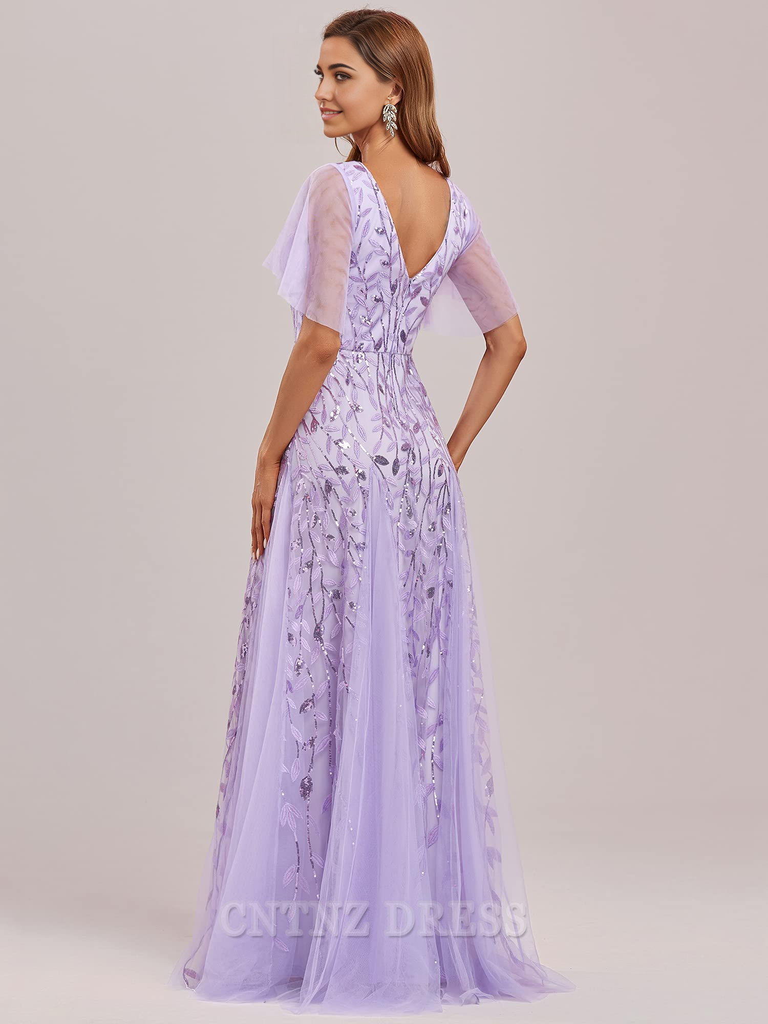 Wholesa A-line V-Neck Sequin Sparkly Short Sleeve formal dresses evening gown Prom Dress