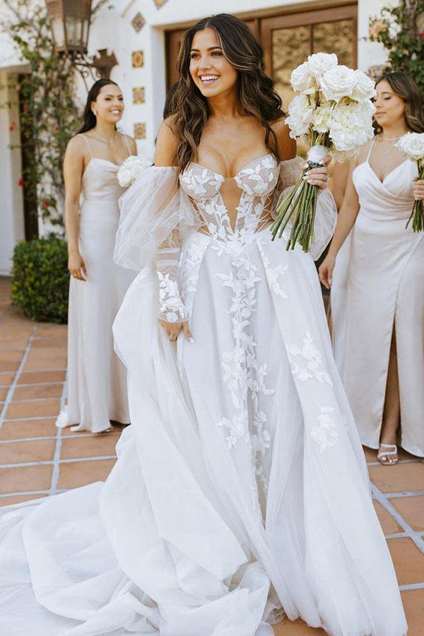 Wholesa Bohemian Off The Shoulder Long Sleeves Lace Appliques Wedding Dress