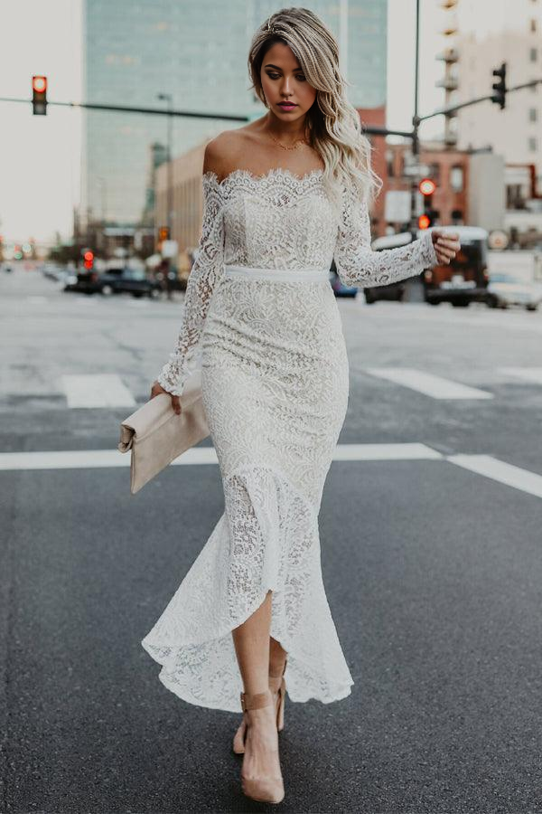 Wholesa Mermaid Off-the-Shoulder High Low Lace Wedding Dress with Long Sleeves