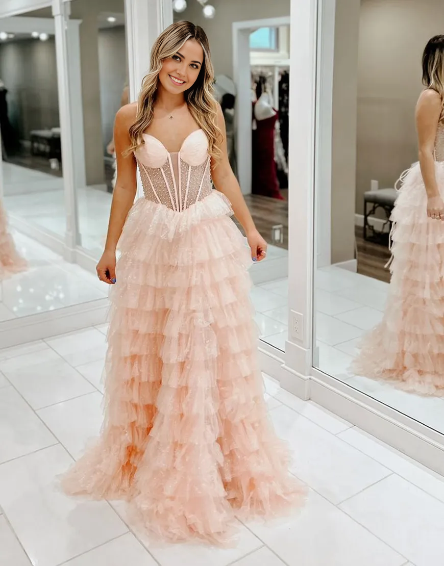 Wholesa A-Line Spaghetti Straps Corset Beaded Ruffles Tulle Sparkly Pink formal dresses evening dress Long Prom Dress