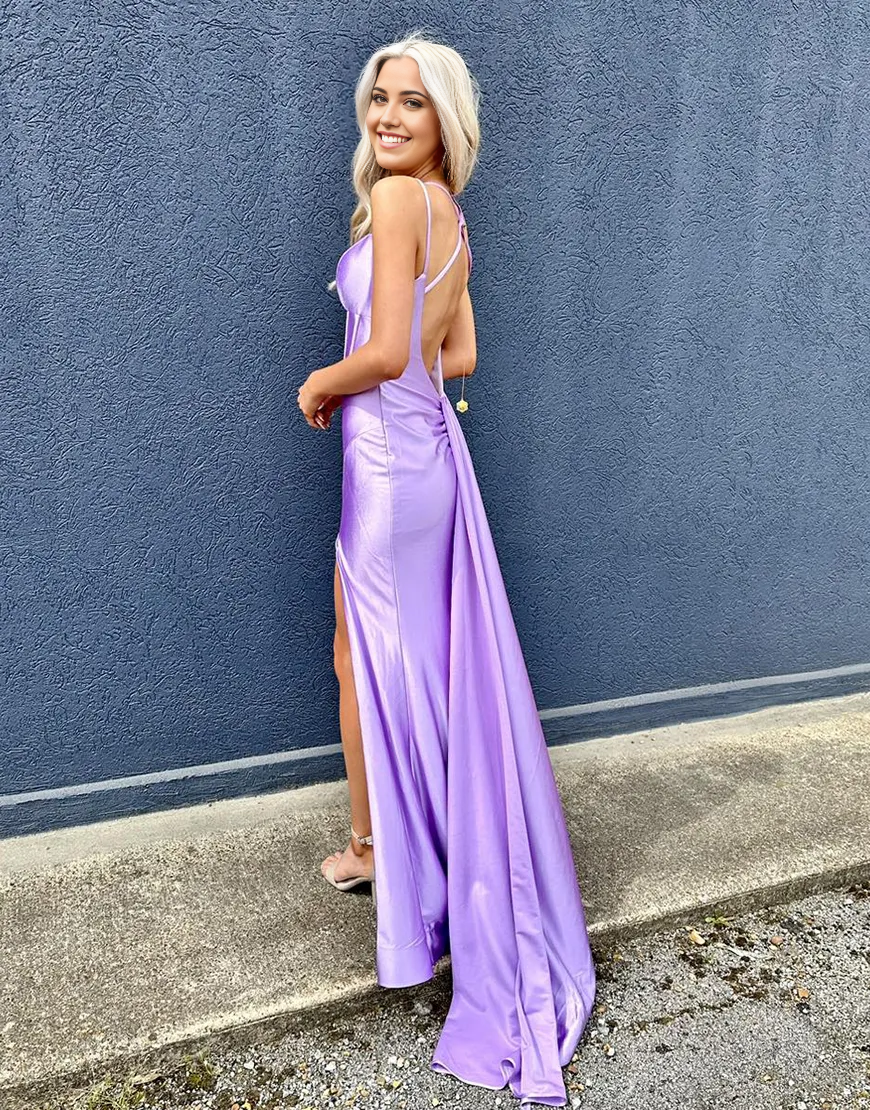 Wholesa Mermaid Double Spaghetti Straps Corset Satin Purple Long formal dresses evening gown Prom Dress with Slit