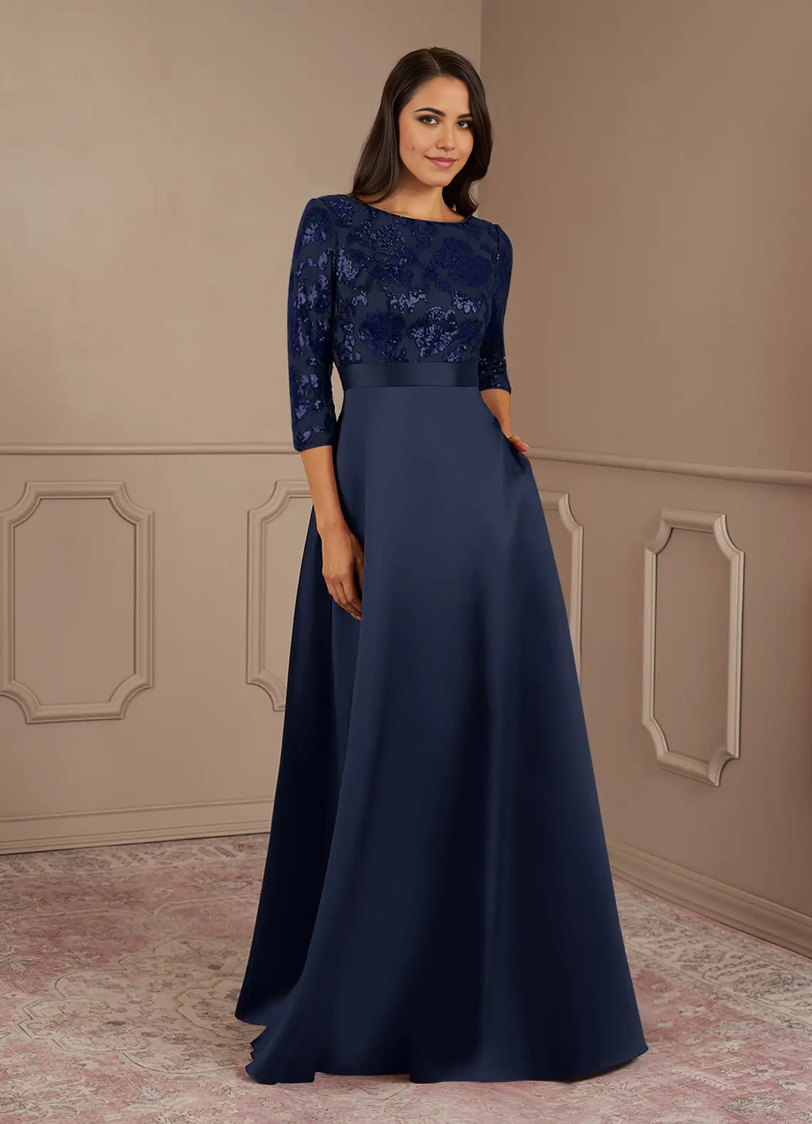 Wholesa A-Line Crew Neck Sequins Dark Navy formal dresses evening dress Mother of the Bride Dresses