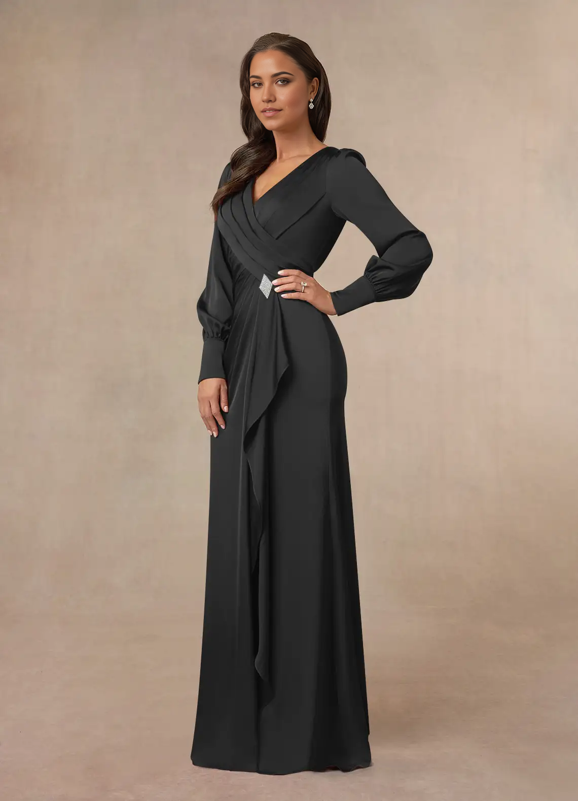 Wholesa Mermaid V-Neck Pleated Long Sleeve Black formal dresses evening dress Mother of the Bride Dresses