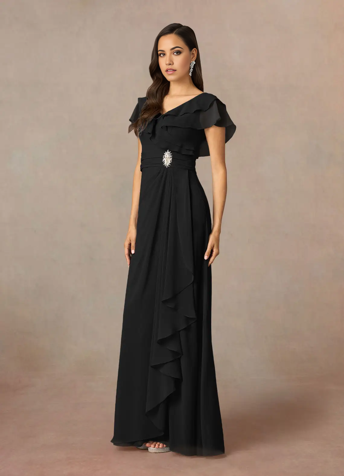 Wholesa A-Line V-Neck Ruched Chiffon Black Mother of the Bride Dresses