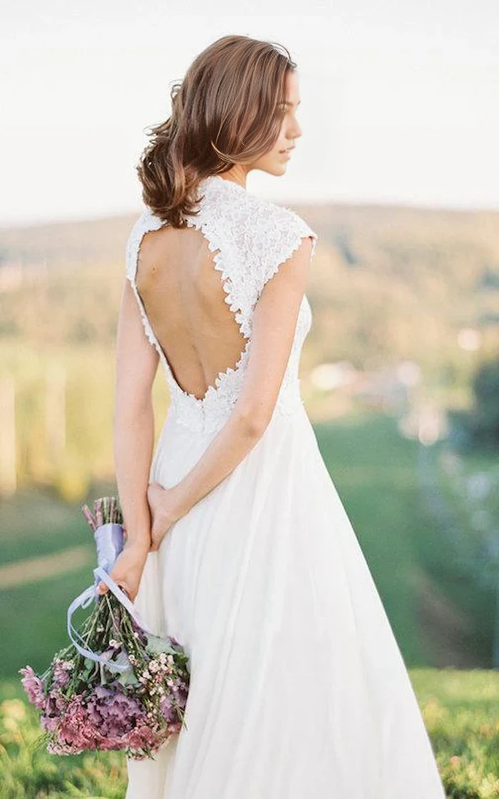 Wholesa Boho Lace Floor-Length Cap Dress Wedding Dresses With Keyhole Back