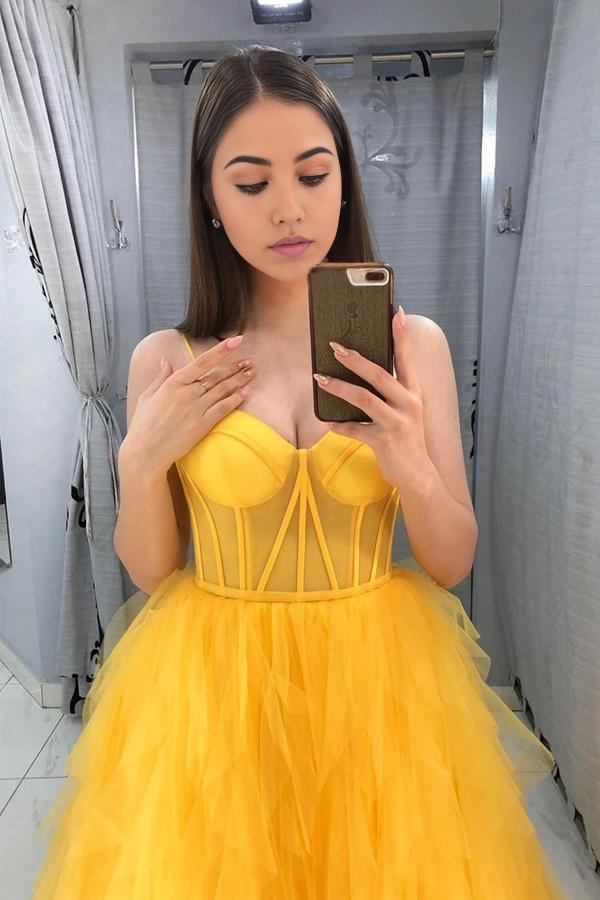 Wholesa A Line Sleeveless Yellow Tulle Prom Dress Evening Gown