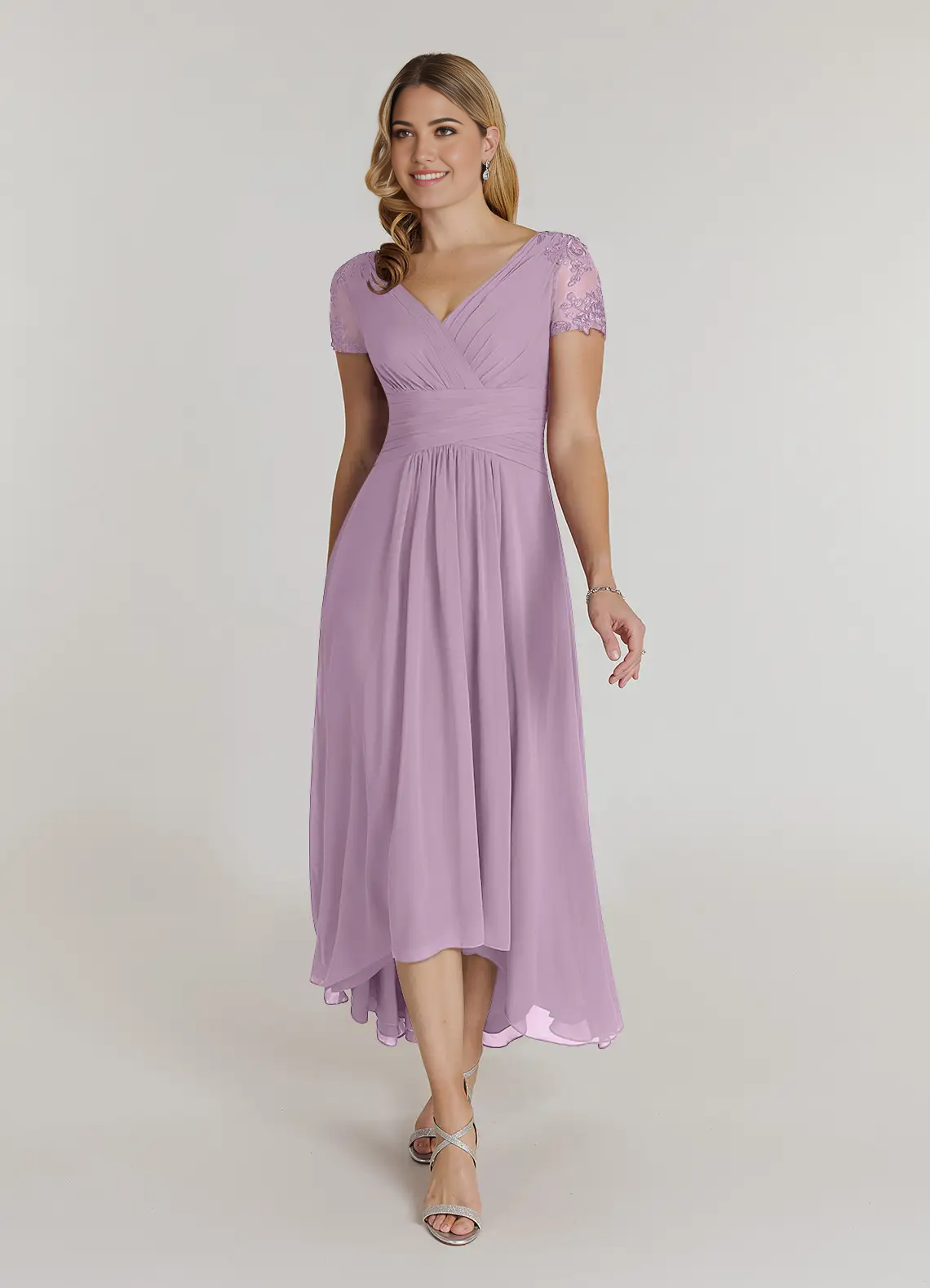 Wholesa A-Line V-Neck Lace Chiffon Short Sleeve Wisteria formal dresses evening dress Mother of the Bride Dresses