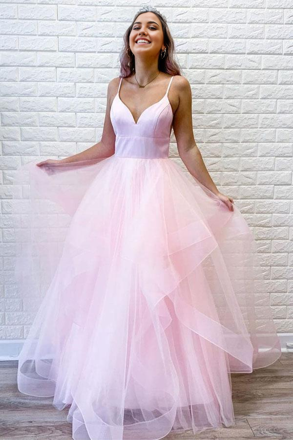 Wholesa Spaghetti Straps Simple Pink Tulle Ruffles Long Prom Dresses Formal Dress