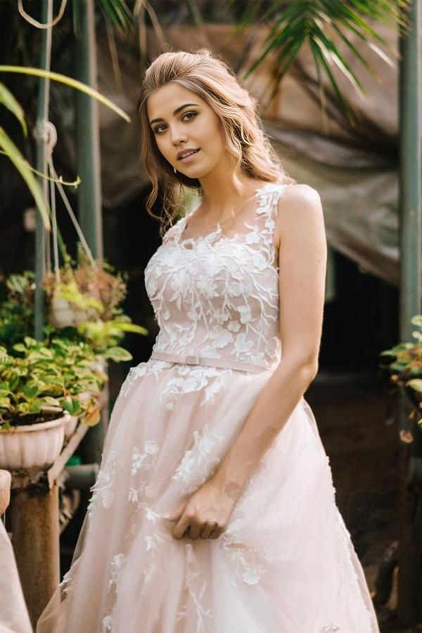 Wholesa A Line Vintage Lace Scoop Neckline Tulle Wedding Bridal Dress Wedding Dresses