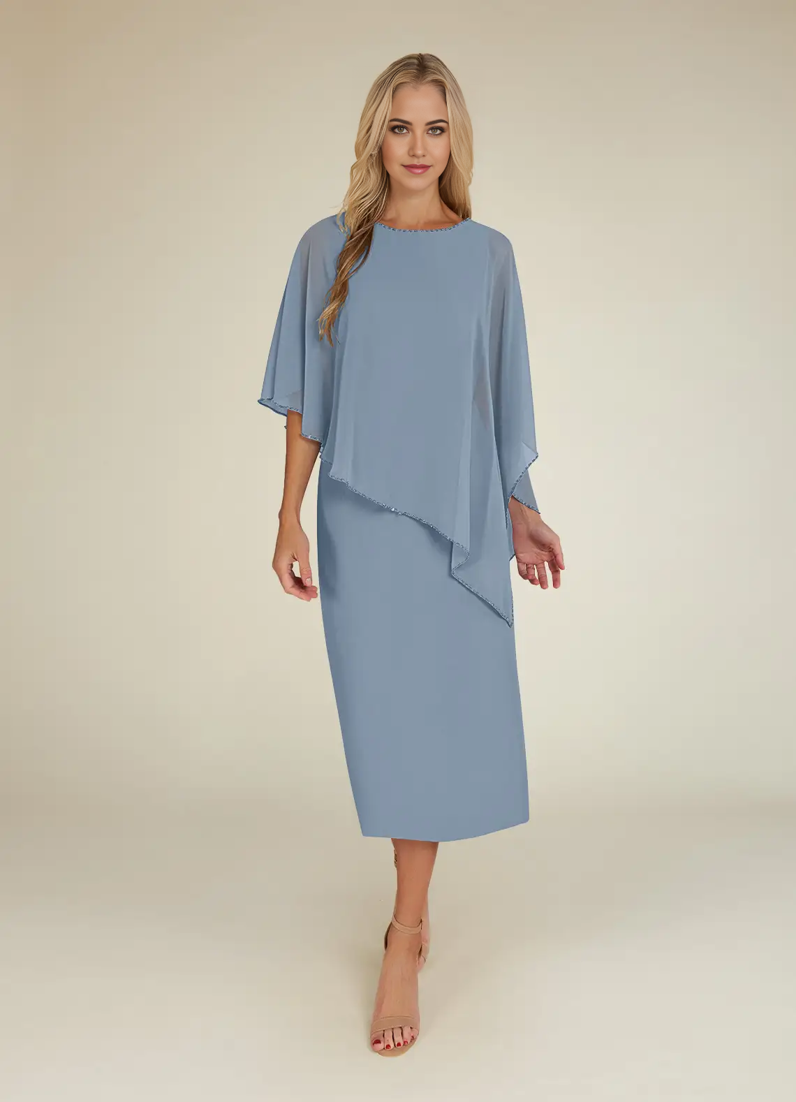 Wholesa Sheath Sequins Crew Neck Chiffon Dusty Blue formal dresses evening dress Mother of the Bride Dresses