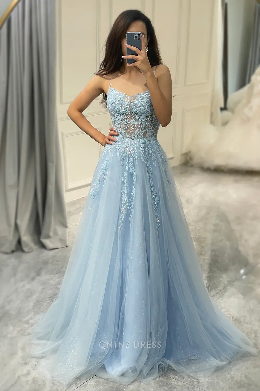 Wholesa A Line Spaghetti Appliques Straps Tulle Long Fuchsia formal dresses Bridesmaid Dresses evening gown Prom Dress