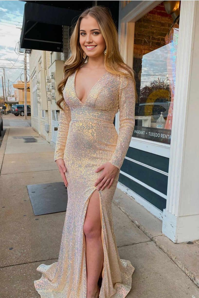 Wholesa Mermaid V-Neck Backless Pink Prom Formal Dress with Long Sleeves