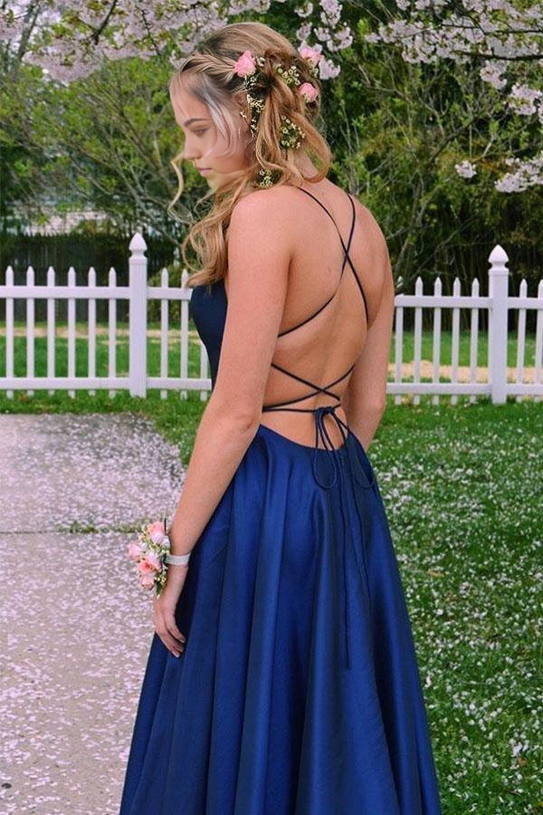 Wholesa A-line Royal Blue Criss-Cross Straps Satin Split Side Prom Dress