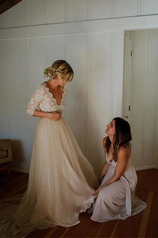 Wholesa A-line V-neck Half Sleeves Belt Tulle Wedding Dress Bridal Gown