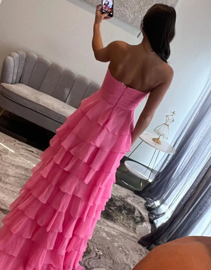 Wholesa A-Line Strapless Ruffles Bow Chiffon formal dresses evening gown Long Prom Dress with Slit