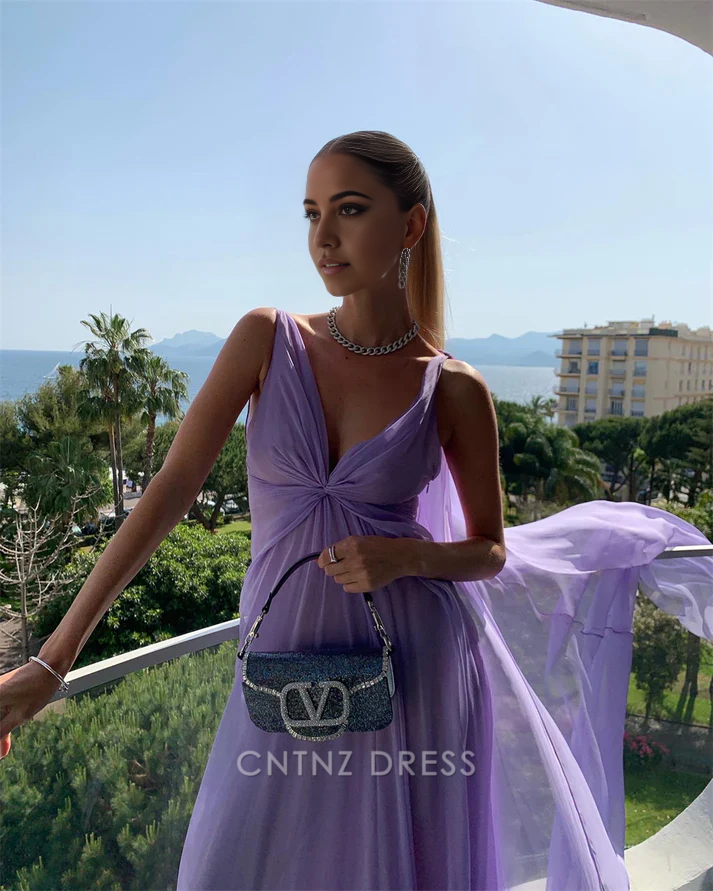 Wholesa A-line Simple V Neck Purple Tulle formal dresses Bridesmaid Dresses evening gown Prom Dress