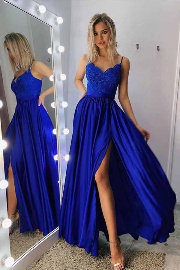 Wholesa A-Line Spaghetti Straps Lace Sequins Long Gray Prom Party Dress