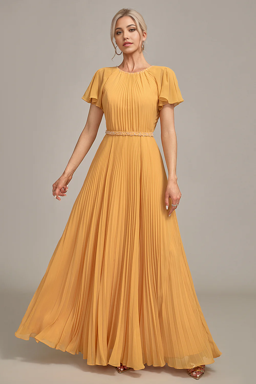 Wholesa A-Line Round Neck Pleated Mother of Bride Dress With Short Sleeves