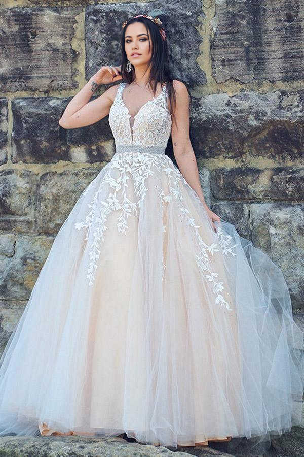 Wholesa A-Line V-neck Princess Applique Tulle Sleeveless Sweep Train Wedding Dresses