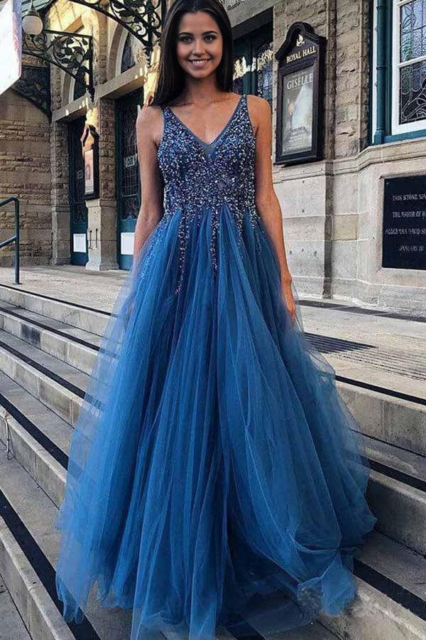 Wholesa A-Line V-Neck Appliques Tulle Backless Prom Dress with Sequins