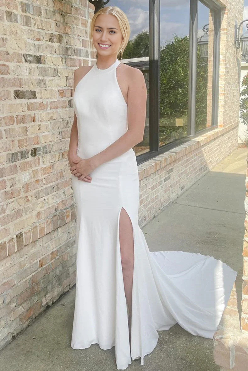 Wholesa Mermaid Halter Long Wedding Dress with Slit