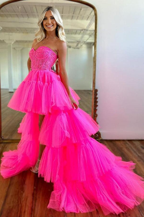 Wholesa Sweetheart Hot Pink High Low Tiered Prom Dress Evening Dress