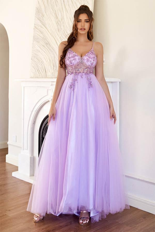 Wholesa A-Line Tulle Split Lilac Long Prom Formal Dress With Beading