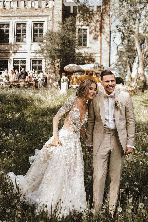 Wholesa A-line V Neckline Long Sleeves Lace Bridal Gowns Wedding Dresses