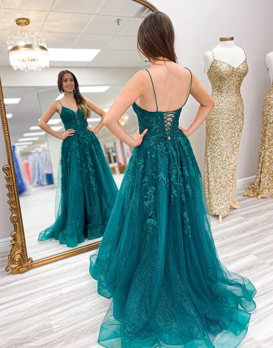 Wholesa A-Line Sparkly Spaghetti Straps Corset Tulle Emerald Green Long formal dresses evening gown Prom Dress with Appliques